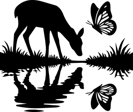 Black silhouette of a deer drinking from a pond with two butterflies flying above  serene wildlife scene with reflection
