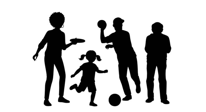 Black silhouettes of family playing soccer and frisbee