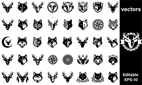 Black silhouettes of various animal heads including deer and wolves with decorative elements  mandalas stars crescents and more on white background