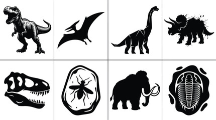 Prehistoric dinosaurs and fossils vector silhouette set featuring tyrannosaurus rex pterodactyl mammoth skull and insect amber in image_a10ea8.png © jamal