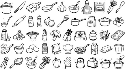 Naklejka premium Kitchen utensils and culinary tools create a comprehensive hand-drawn set for professional cooking.