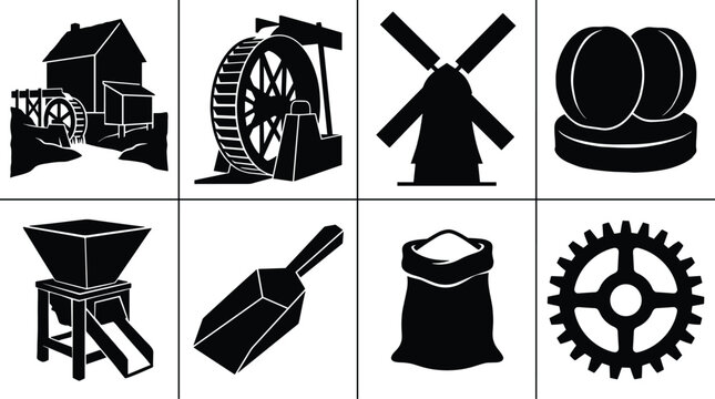 Vintage watermill and traditional flour milling vector silhouette icon set featuring windmills millstones grain sacks and processing equipment in image_a09f08.png
