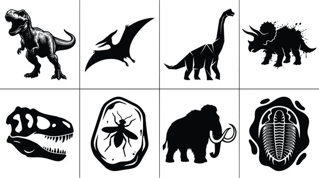 Prehistoric dinosaurs and fossils vector silhouette set featuring tyrannosaurus rex pterodactyl mammoth skull and insect amber in image_a10ea8.png