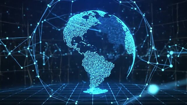 A glowing digital globe surrounded by a complex network of interconnected data points