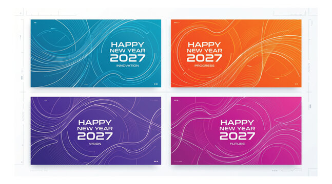 Happy new year 2027 minimalist wave pattern vector set featuring elegant flowing lines and smooth gradients for seasonal greetings celebration abstract background greeting template
