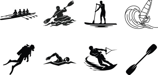 Water sports and ocean activities black silhouette icon set featuring kayaking, rowing, surfing, scuba diving, and swimming © jamal