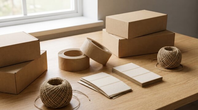 Minimal eco shipping supplies with blank labels and cardboard boxes