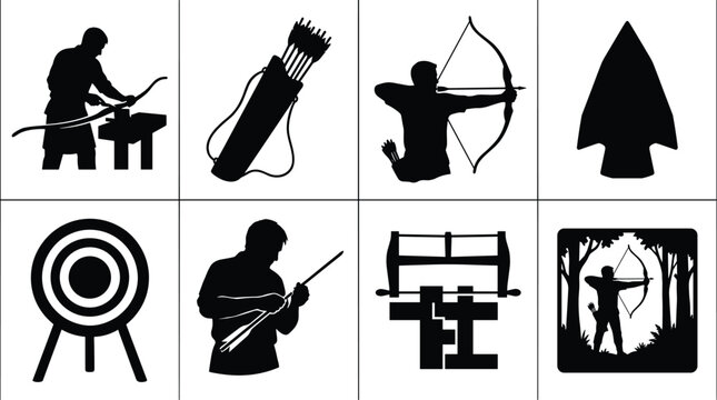 Traditional archery and bow making black silhouette icon set featuring archer, arrows, target, quiver, and bowyer tools
