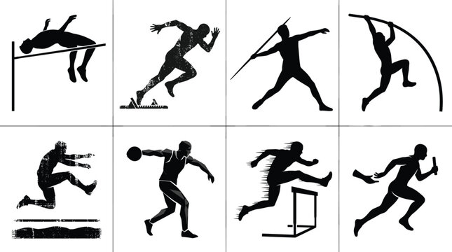Track and field athletes black silhouette icon set featuring sprinting hurdling pole vault javelin and discus throw events