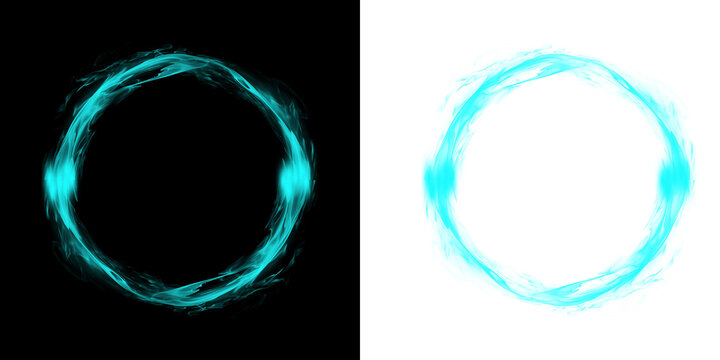 Cyan energy ring with pixelated square frame on black and white backgrounds comparison isolated on a transparent background