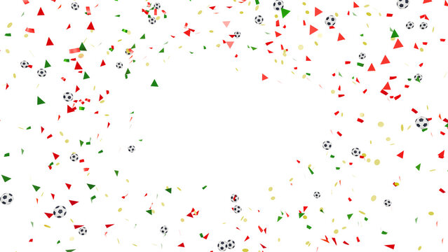 high quality 3d realistic render of swirling portugal flag colored red green gold streamers and confetti with miniature footballs celebrating soccer tournament victory for commercial graphic design