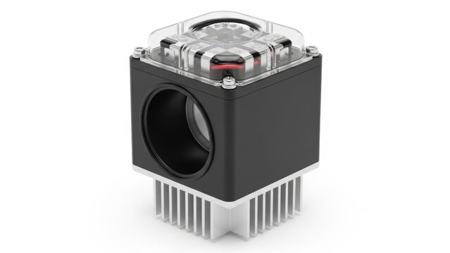 Close-up of black industrial cooling fan with transparent cover and red led light