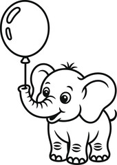 Fototapeta premium Cute baby elephant playing with a balloon in a simple line drawing style