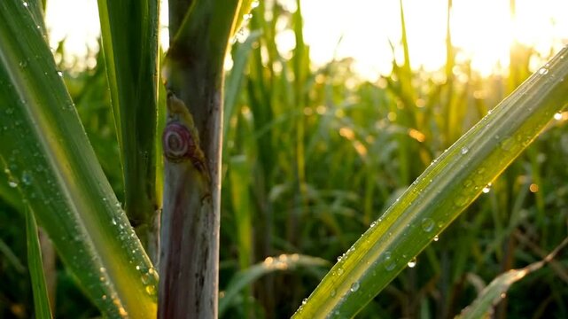 Sunlit Dew Covered Sugarcane Leaves Fresh Morning Nature Serenity Agriculture Growth