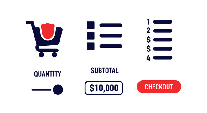 E-commerce icons: shopping cart, list, price, quantity slider, checkout button