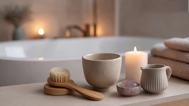 Cozy bathroom spa setup with candlelight and natural accessories
