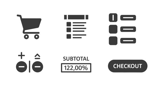 E-commerce Icons: Shopping Cart, List, Quantity Adjuster, Subtotal, Checkout