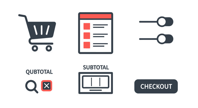 E-commerce Icons: Shopping Cart, List, Settings, Search, Subtotal, Checkout Button