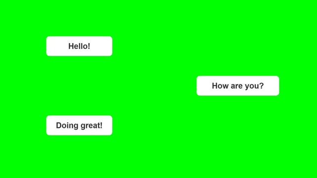 A green screen with speech bubbles saying hello and how are you.