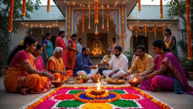 Festive indian family celebrating diwali with rangoli and diyas for Dussehra and Diwali