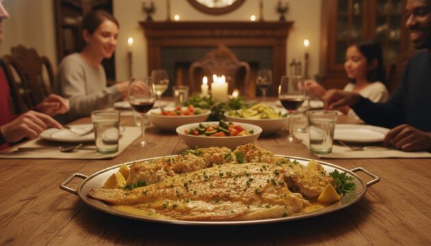Family dinner table with baked stuffed flounder platter and side salads for holiday meal and festive gathering