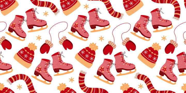 Cozy Christmas seamless pattern with wool scarf, hat, mittens and skates. Winter holiday vector background for card, poster, wrapping paper