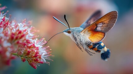 Obraz premium Hummingbird hawk moth hovering above a flower, wings blurred in rapid motion, body sharply focused, vibrant floral colors, dynamic wildlife macro