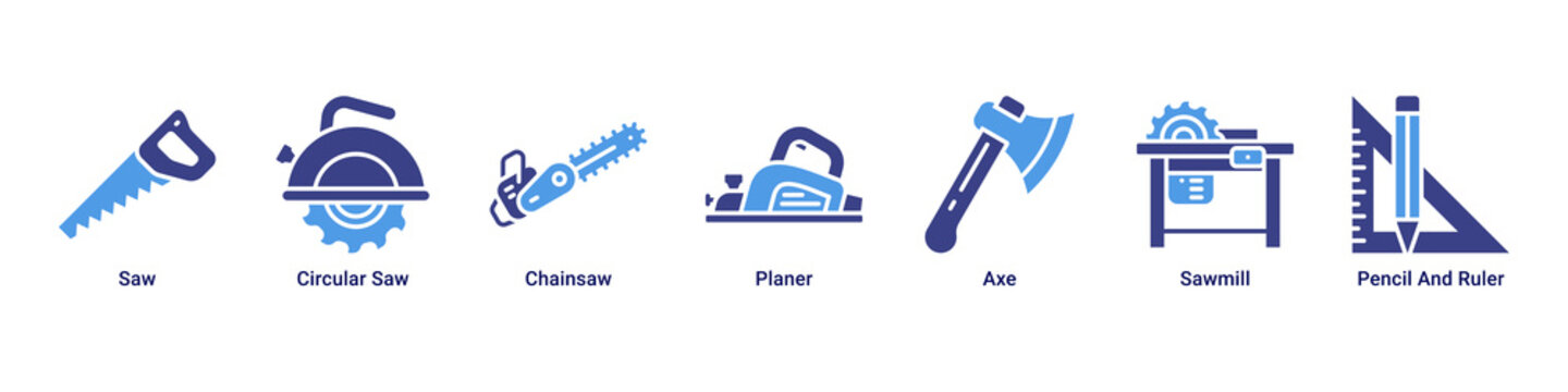Wood Craft web banner icon vector illustration with Saw, Circular Saw, Chainsaw, Planer, Axe, Sawmill and Pencil And Ruler for woodworking projects