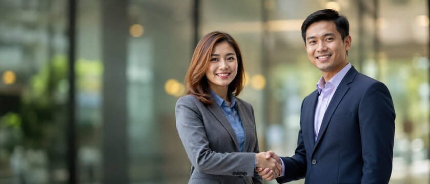 Two smiling business professionals shaking hands in a modern office environment.