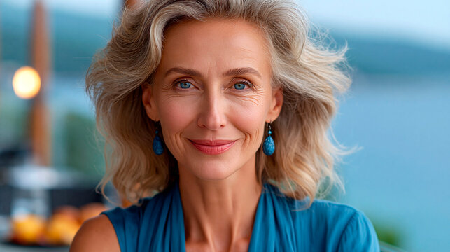 Elegant mature woman smiling confidently in outdoor setting, beauty portrait featuring natural aging, wellness, self confidence, graceful lifestyle and healthy aging concept