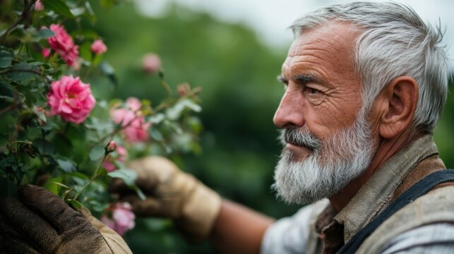 Older man examining rose bush closely in home garden
