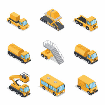 Collection of yellow isometric construction and transport vehicles.