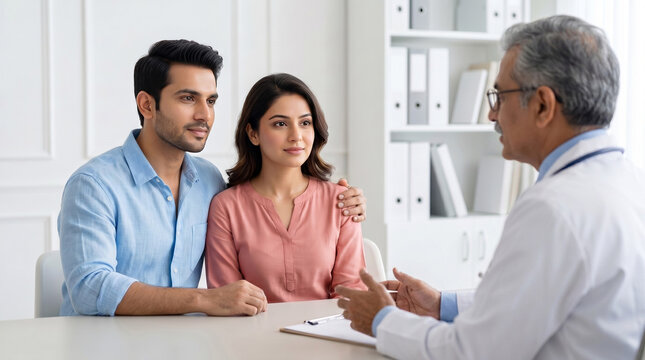 young indian couple consulting senior fertility specialist about ivf infertility pregnancy planning reproductive health and family building in modern healthcare clinic