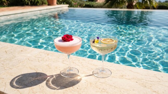 Two floral coupe cocktails on sun-drenched cream marble pool coping edge