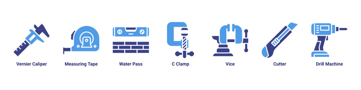 Precision Tools web banner icon vector illustration with Vernier Caliper, Measuring Tape, Water Pass, C Clamp, Vice, Cutter and Drill Machine