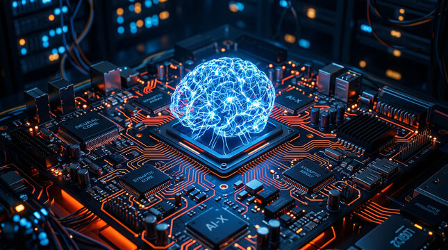 Glowing blue digital brain on a central processor of a motherboard.