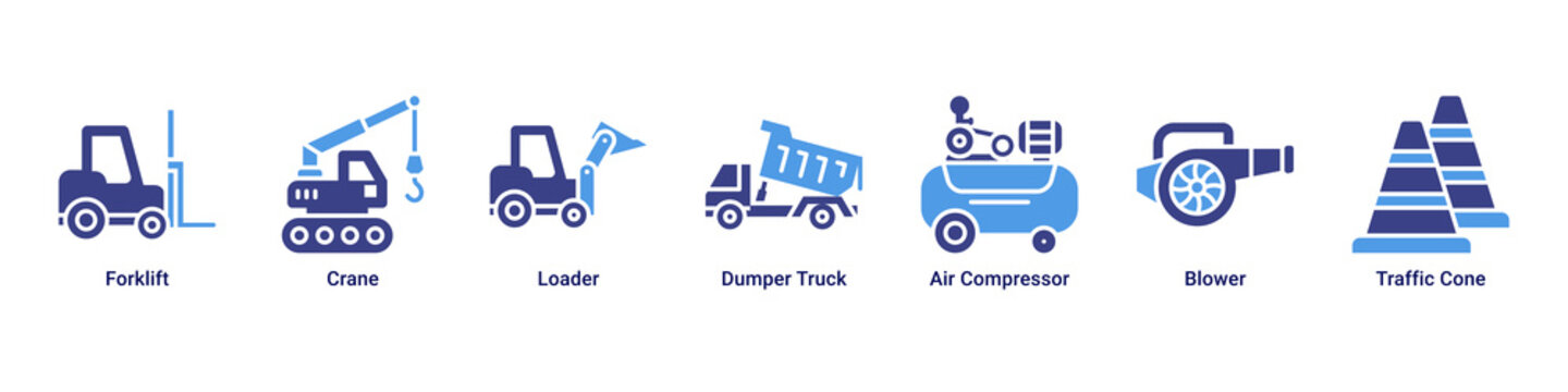 Heavy Lift web banner icon vector illustration with Forklift, Crane, Loader, Dumper Truck, Air Compressor, Blower and Traffic Cone
