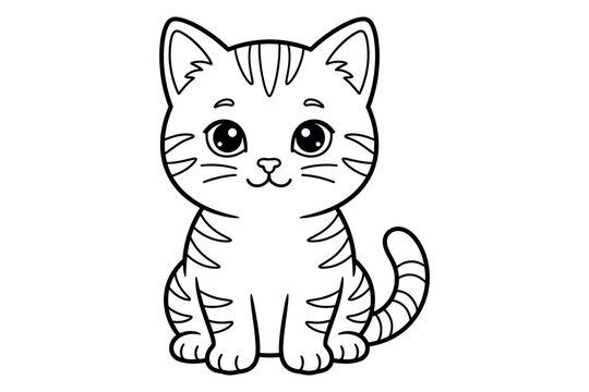 Cute cartoon tabby kitten sitting coloring page for kids vector illustration.