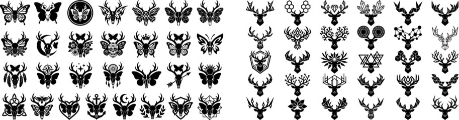 Obraz premium Collection of various black silhouette designs featuring deer heads with antlers and butterflies on white background for graphic and artistic use decorative elements