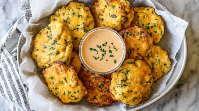 Delicious cheddar biscuits with herb garnish and creamy dip on marble surface