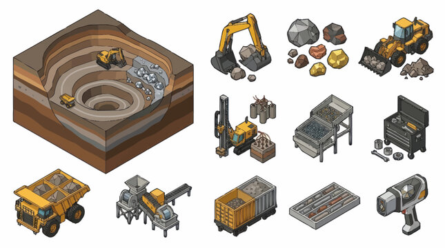 Isometric mining industry elements and cross section of open pit mine.