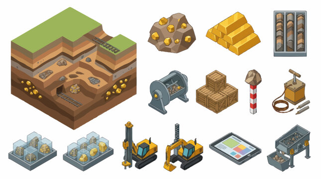Isometric mining industry elements and resources collection.