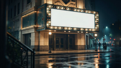 Fototapeta premium Vintage theater marquee sign illuminated at night with empty street and wet
