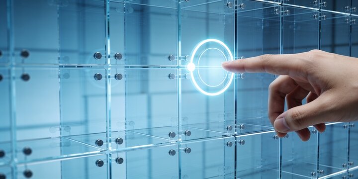 Cropped hand selecting glowing verification point on transparent glass modules for corporate technology audit header with blue light and copy space