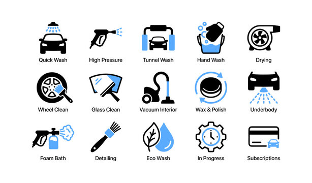 Car wash icons displaying service options on white