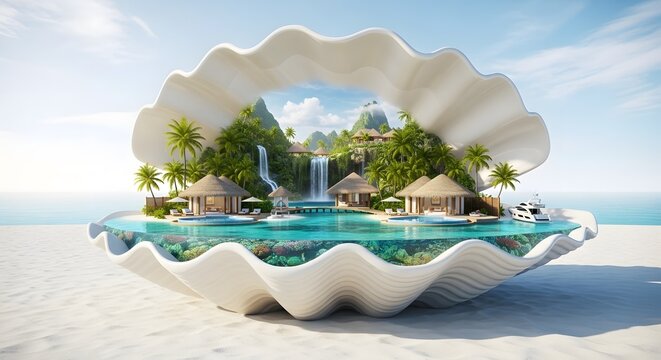 Luxury tropical island resort in a giant clamshell
