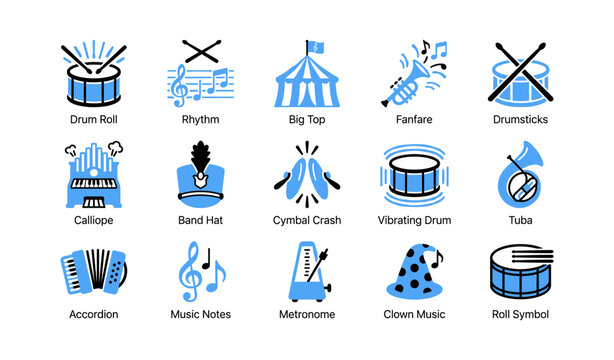 Music icons displaying percussion and circus symbols on white