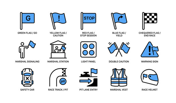 Race marshal and flag icons showing signaling and safety at track