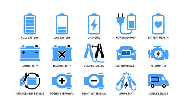 Battery and charging icons showing status indicators on white