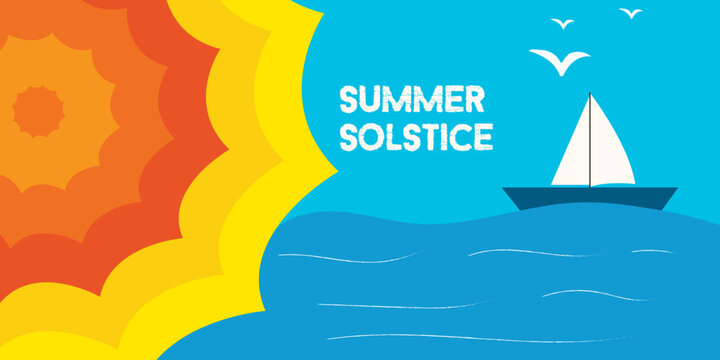 Vibrant summer solstice illustration with sailboat on ocean waves under sunny sky with birds flying overhead